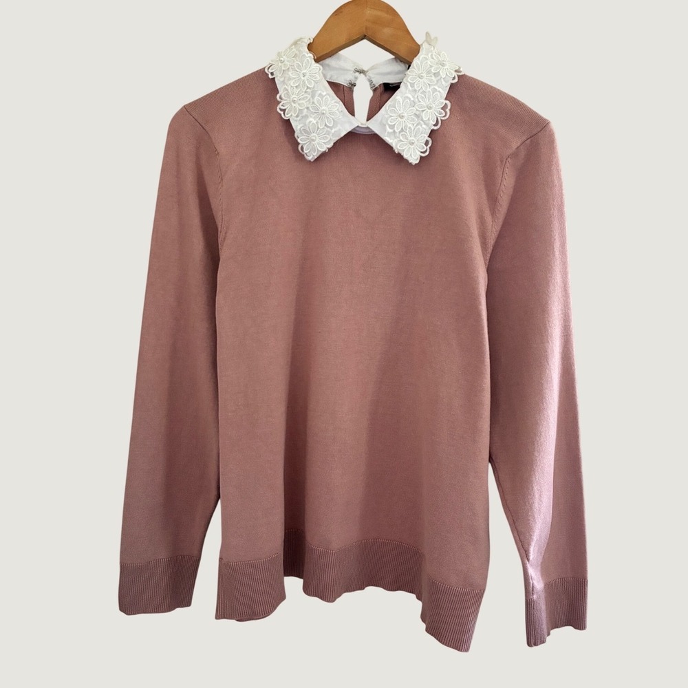 Cable & Gauge Pink Sweater White Floral Lace Collar Pearl Accents XL
